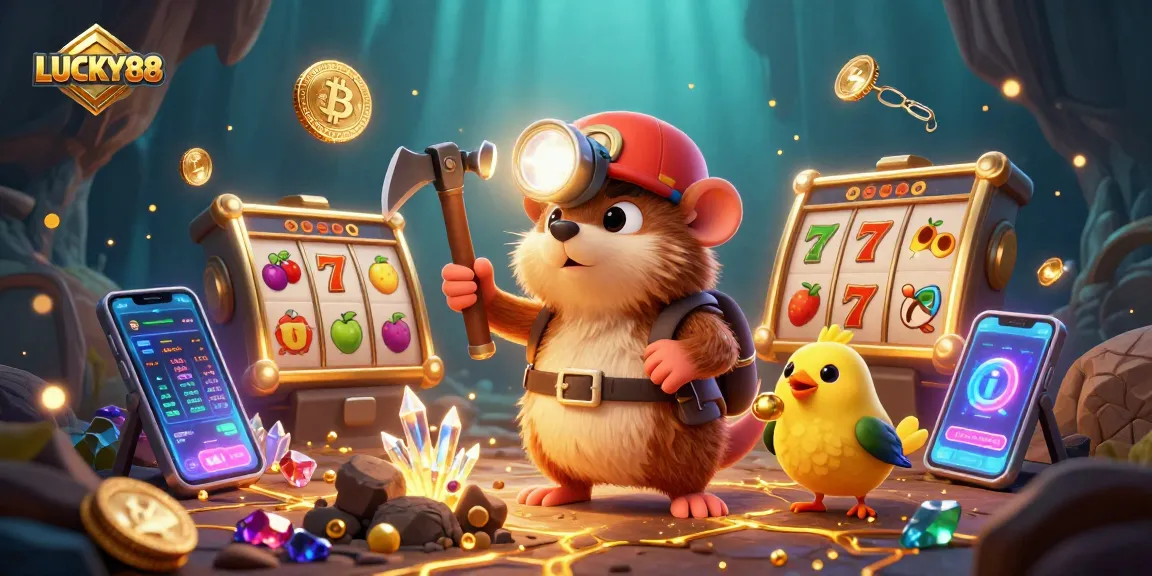 Spin to win with LUCKY88 in this vibrant slot-themed treasure hunt scene.