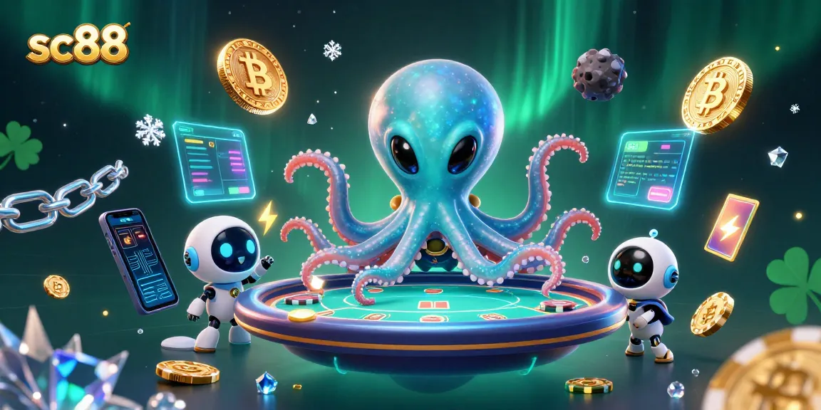 sc88 engages players with a lively alien octopus at a holographic poker table surrounded by cryptocurrency.