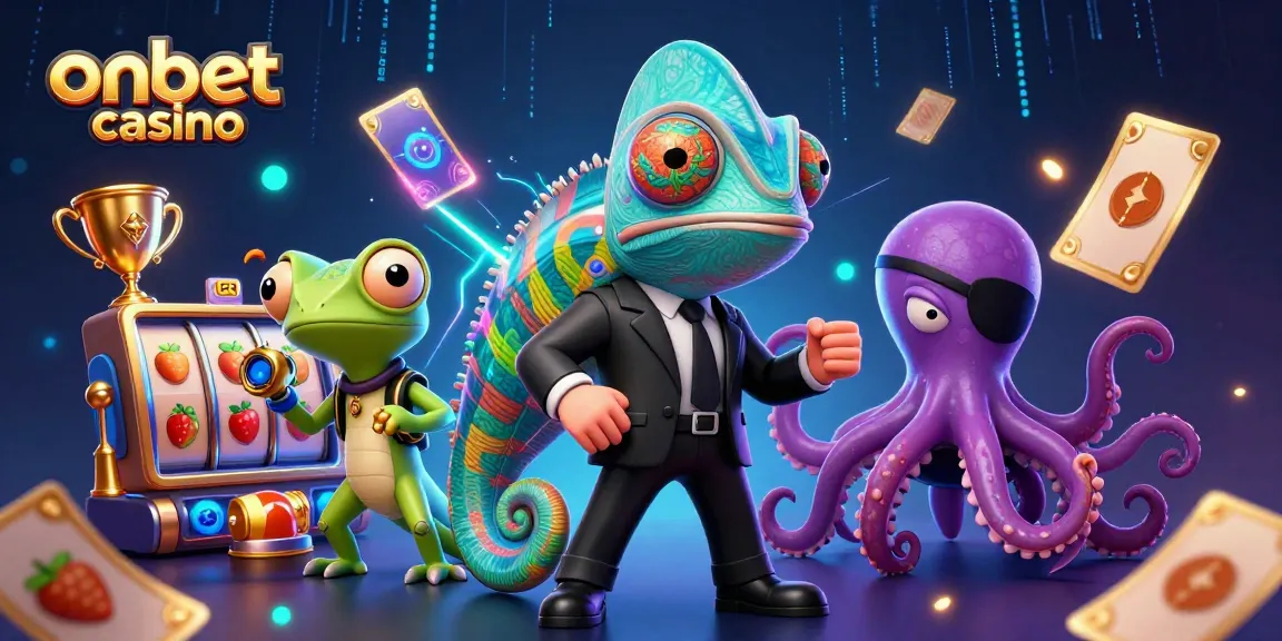 Experience thrilling action at onbet casino with a colorful 3D illustration of gaming characters and slot elements.