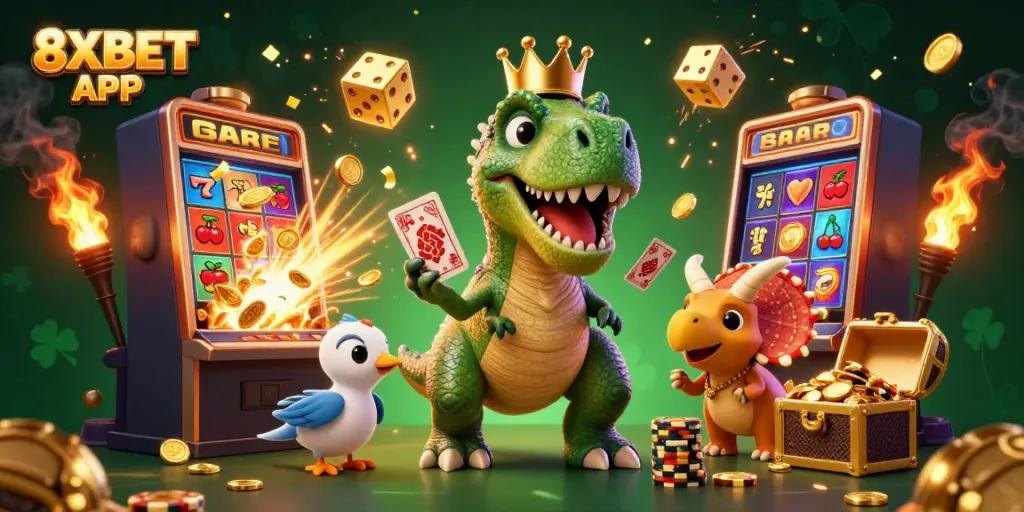 Engage with the 8XBET APP in this vibrant casino scene featuring playful dinosaurs and dazzling jackpot elements.