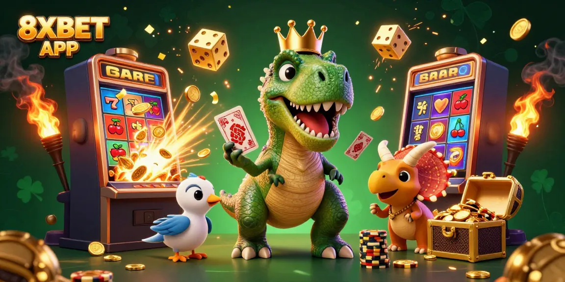 Engage with the 8XBET APP in this vibrant casino scene featuring playful dinosaurs and dazzling jackpot elements.