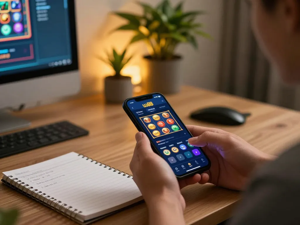 Player engaging with uu88 mobile app for online gambling in cozy home setup.