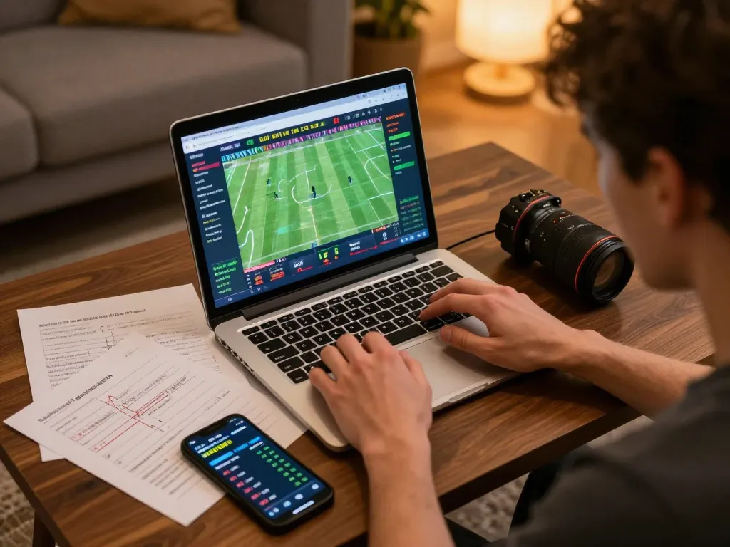 Engaging scene of online gambling with tỷ lệ kèo displayed on a laptop, highlighting strategic betting.