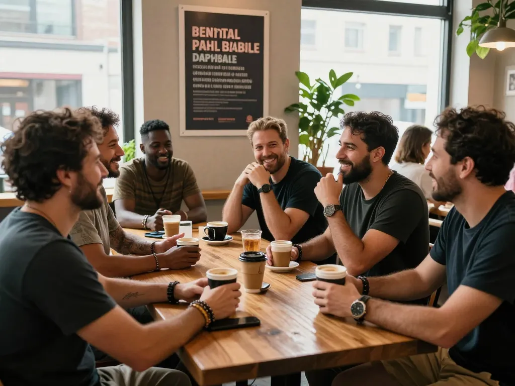 Engaging men club discussion in a cozy café promoting mental health support.