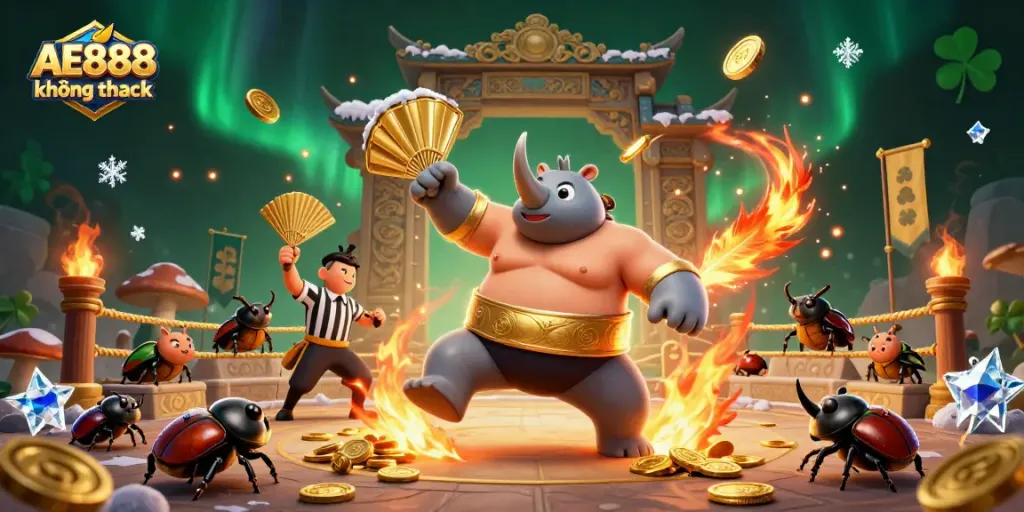 Experience AE888 không chặn thrilling moments with sumo beetle champions and flying coins in a vibrant arena.