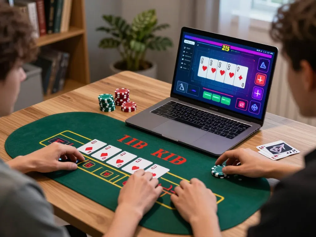 Person enjoying a thrilling DA88 blackjack session on a sleek laptop in a modern home office.