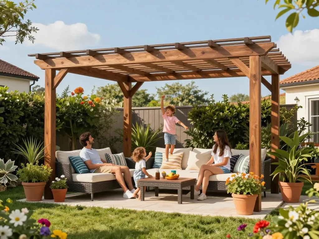 Una famiglia che trascorre del tempo sotto il proprio configuratore pergole con preventivo in un bellissimo giardino.