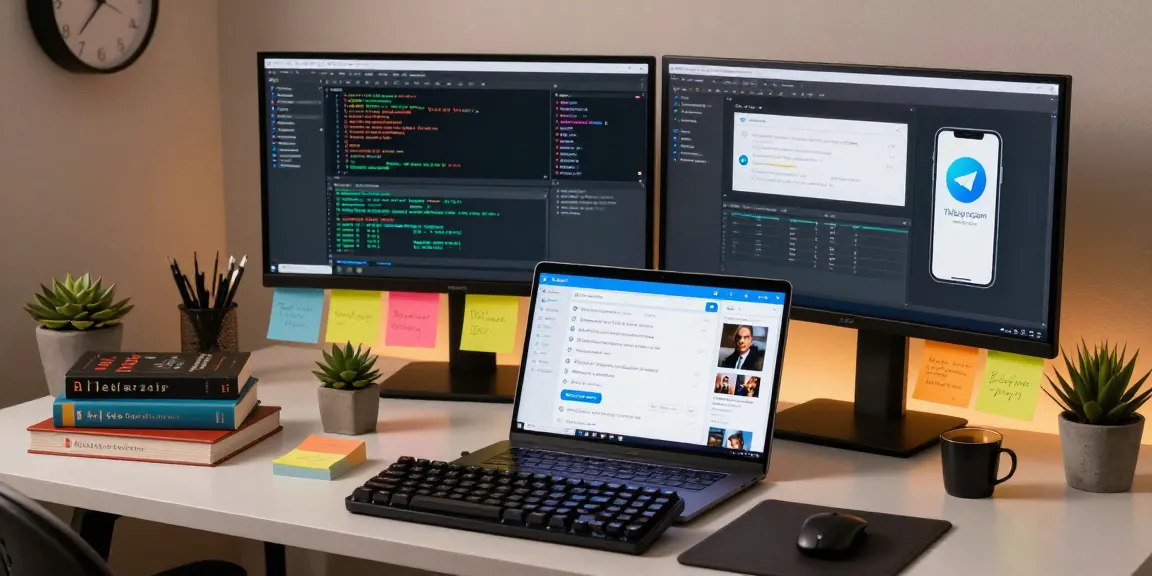 Developer using Telegram Web Version on laptop in a stylish workspace filled with tech gadgets.