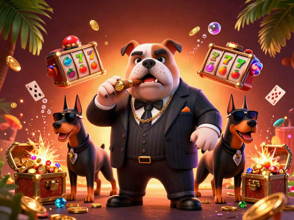 Engage in exhilarating gameplay with SunWin, where the mafia bulldog character and friends showcase thrilling slot machines and casino elements.