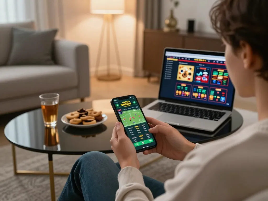 Person using keonhacai for live sports betting on smartphone in cozy home environment