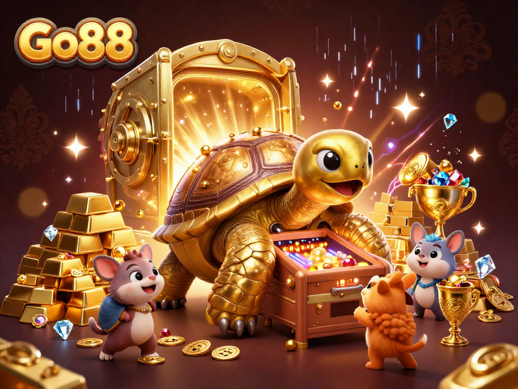 Go88 players enjoy vibrant online gaming with golden tortoise, treasure, and jackpot excitement.