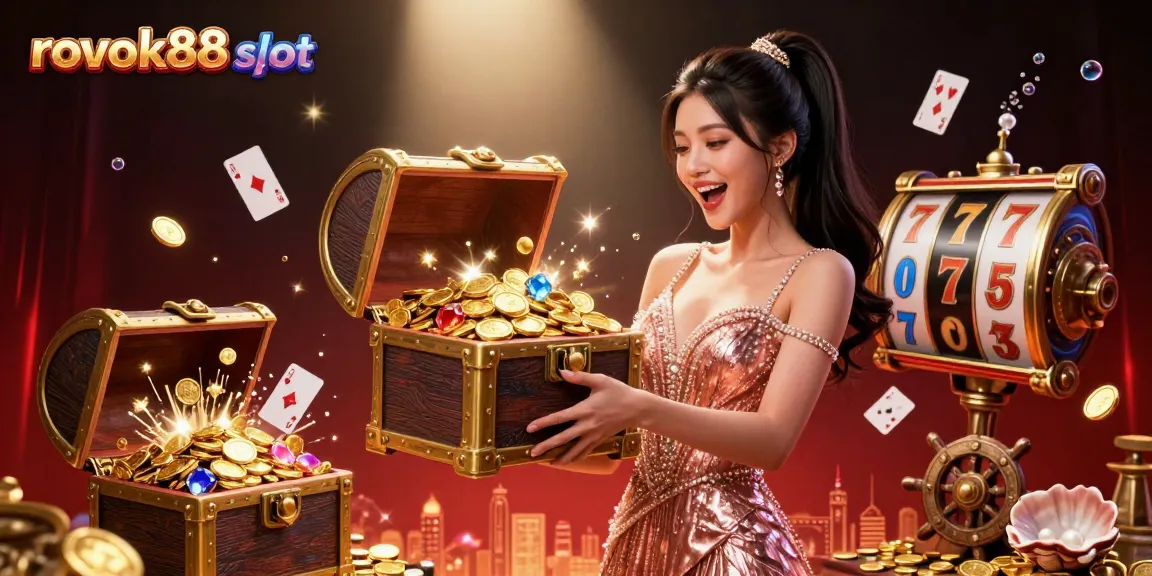 Experience the excitement of rokok88 slot with a stunning treasure chest full of coins and gems.