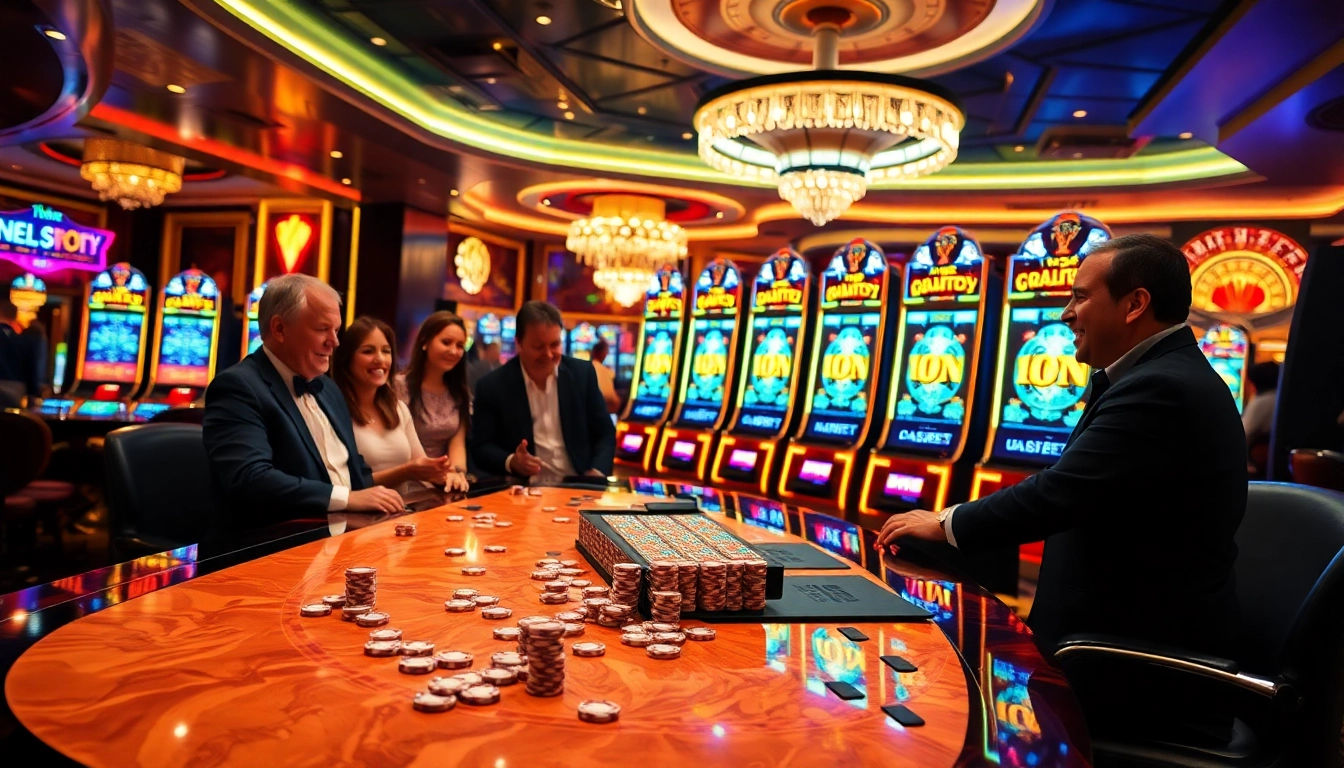 Players celebrating their wins at an idn slot machine in a luxurious casino setting.