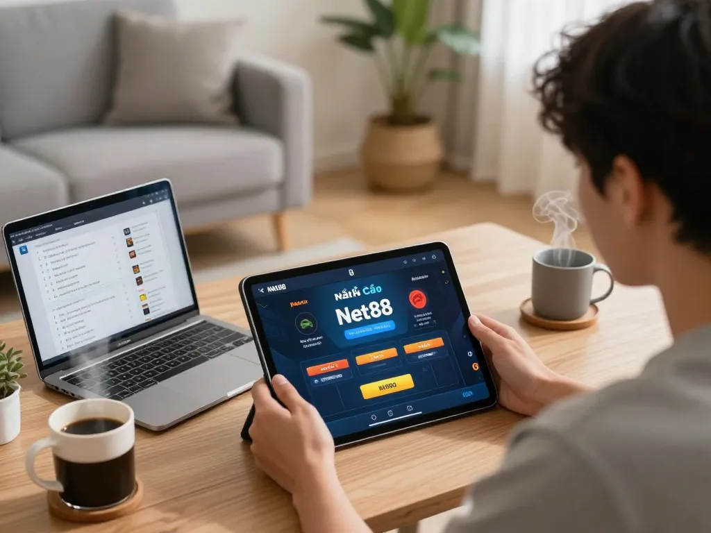 Engaging with nhà cái Net88 on a tablet while managing betting strategies in a cozy home atmosphere