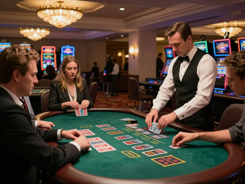 Engaging players at the blackjack table strategizing their next moves at https://sc88slot.me/ in upscale casino.