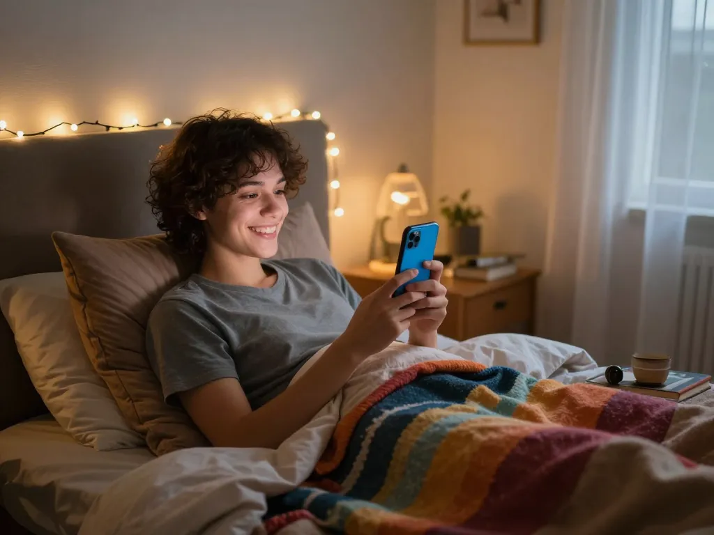 Sexting AI interaction in a cozy bedroom with glowing lights and personal touches.