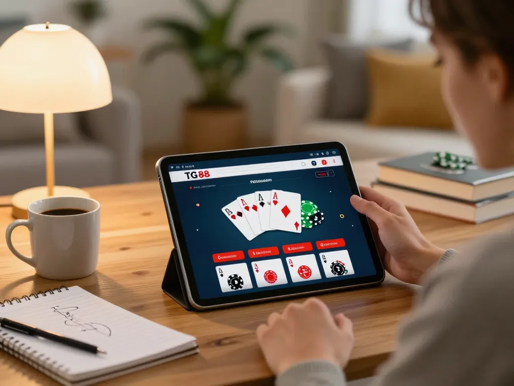 Player engaging with the TG 88 casino app on a tablet at home, enhancing online gambling experience
