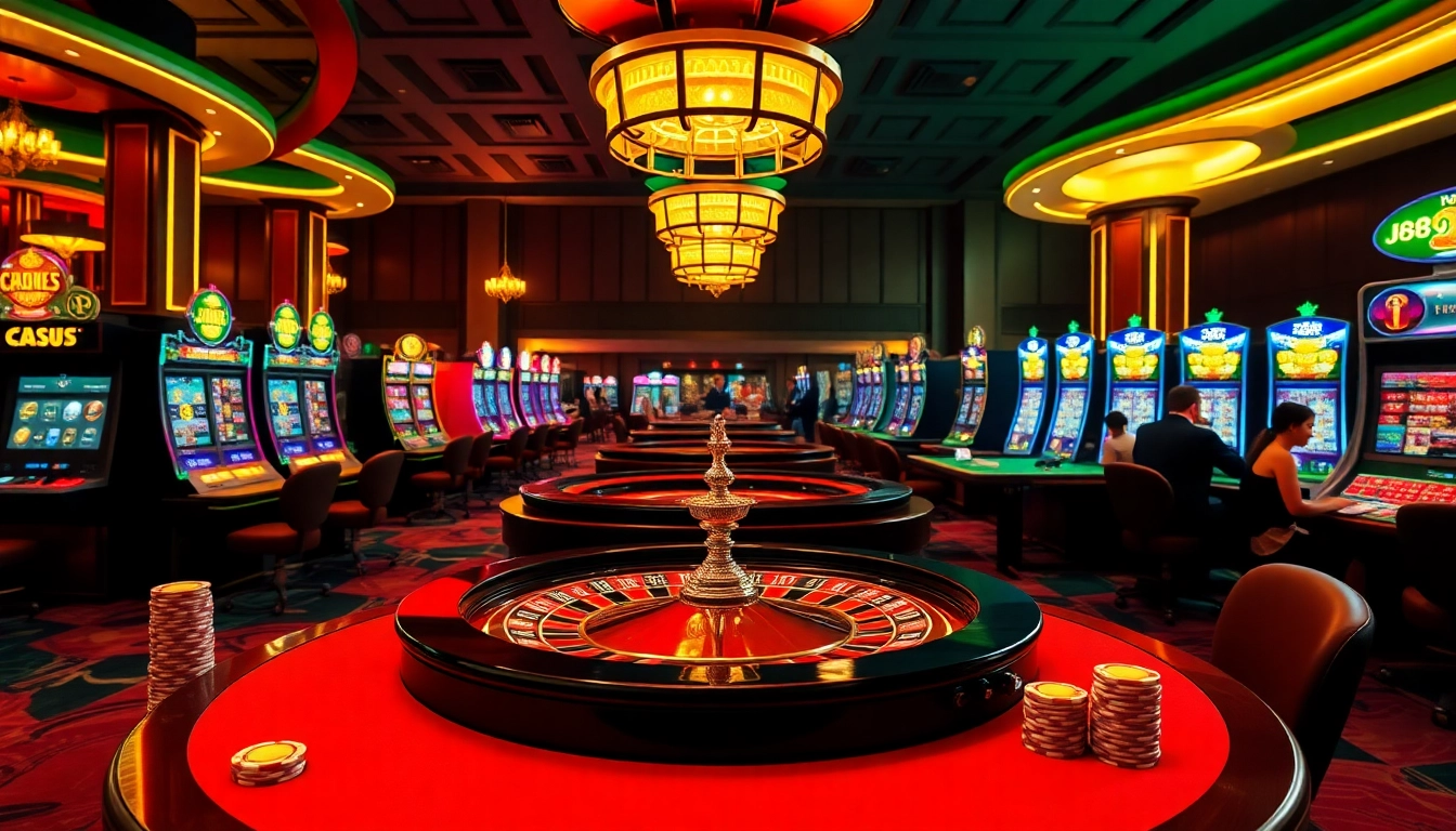 Players enjoying a thrilling game at J88 casino, showcasing vibrant tables and chips.