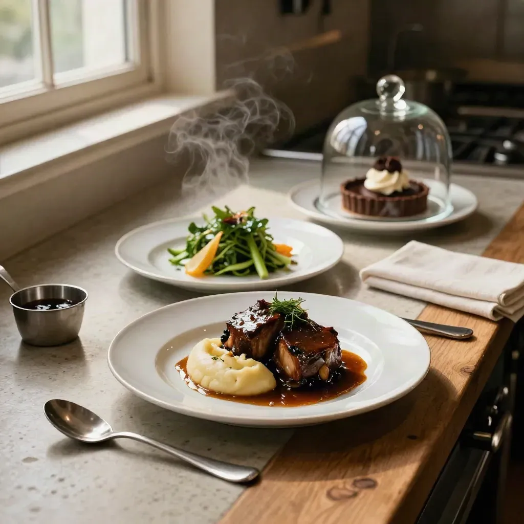 Pass di cucina notturna con piatto caldo, piatto leggero e dessert sotto cloche.