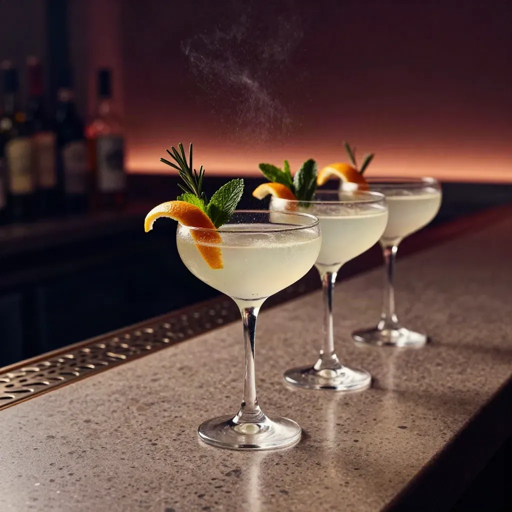 Tre cocktail firma in coppe, scorze di agrumi e bottiglie scure su banco da bar
