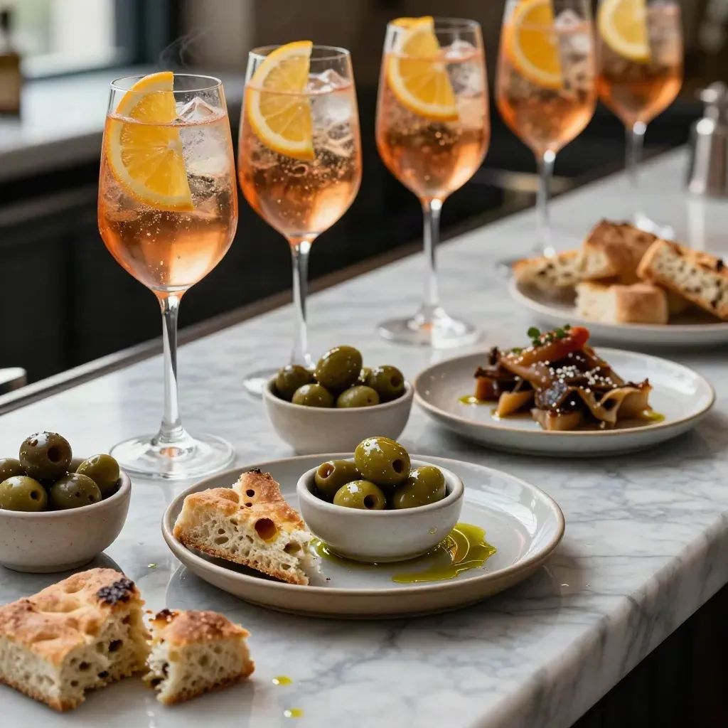 Spritz, olive e focaccia su bancone di marmo, atmosfera da aperitivo elegante.