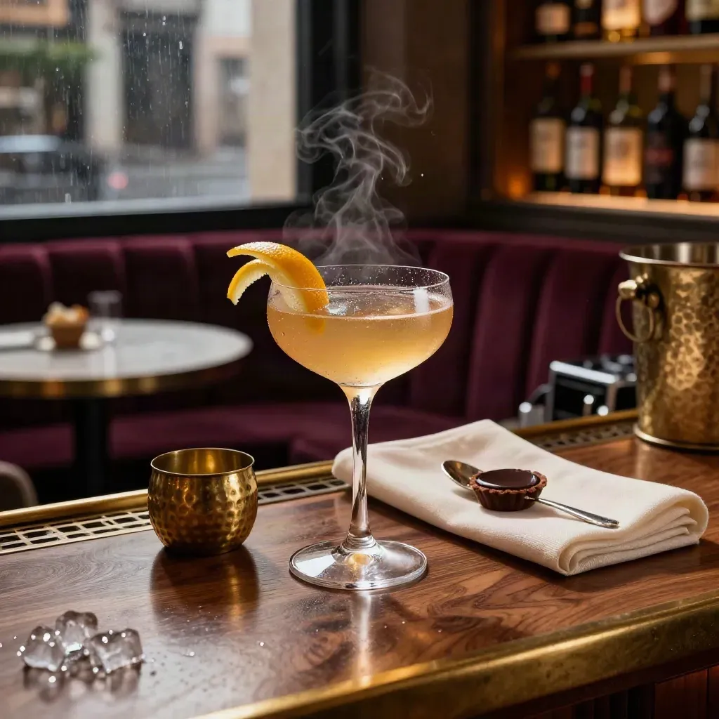 Interno notturno elegante con cocktail in coupe, ottone caldo e pioggia fuori, luce cinematica.