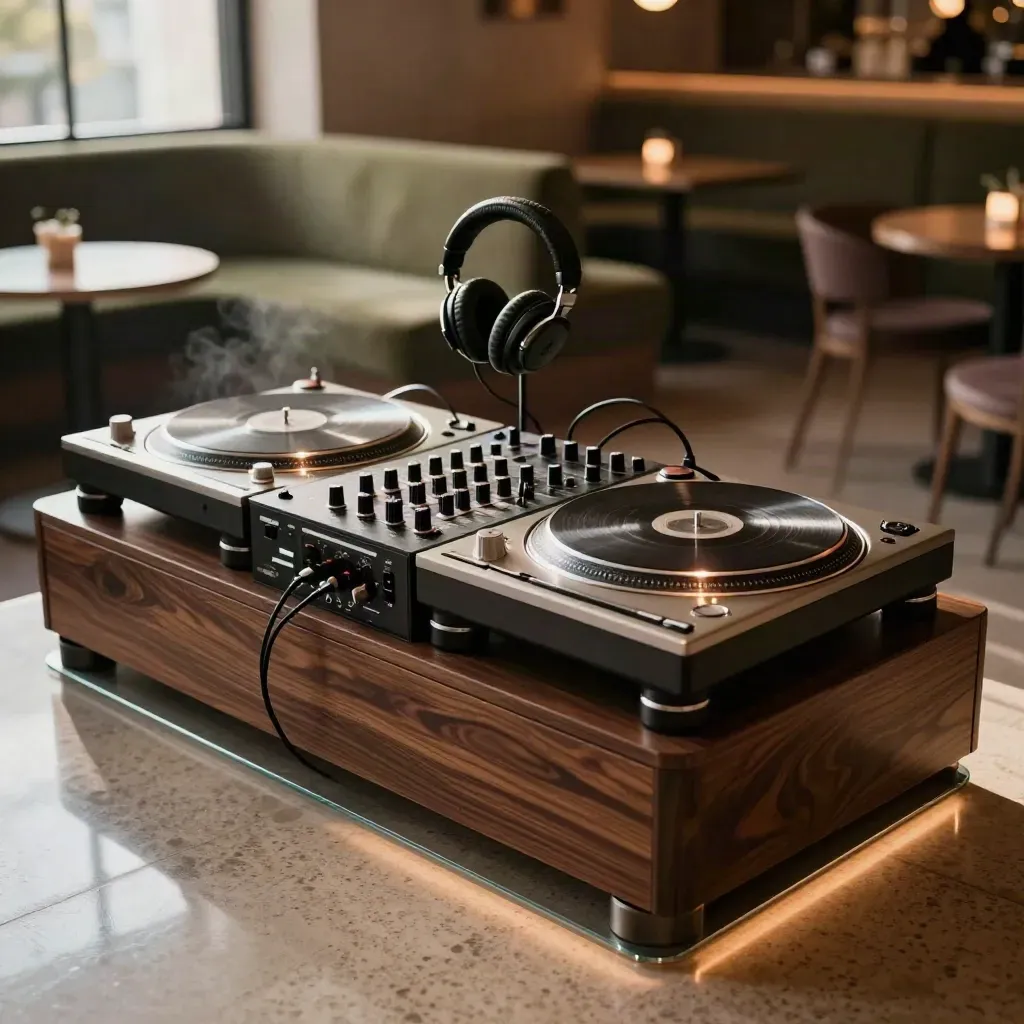 DJ booth con piatti, mixer e cuffie, con luce prugna e pista vuota