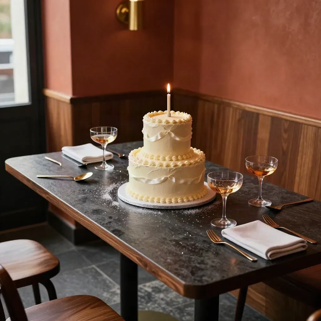 Tavolo privato di compleanno con torta a strati, calici coupe e candeline spente