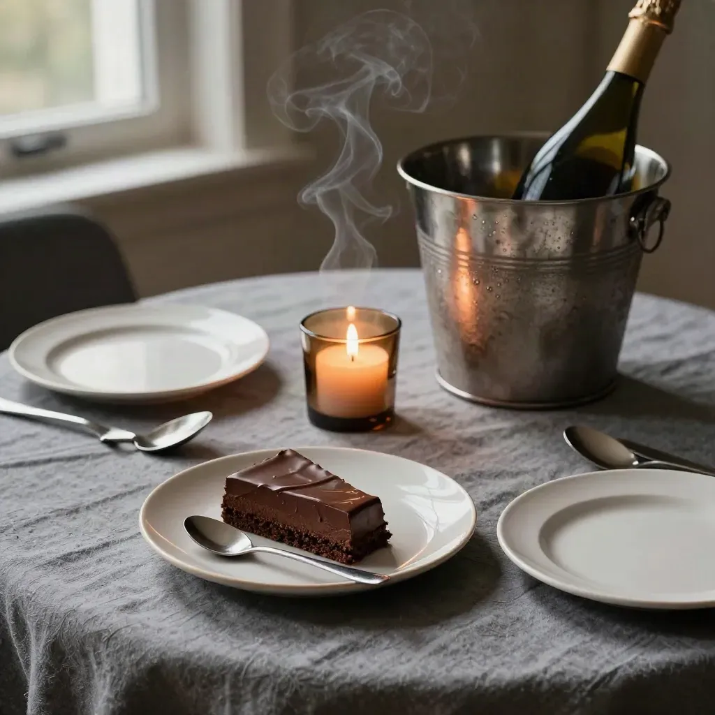Tavolo per due pronto per una cena lenta, dessert condiviso e candela bassa.
