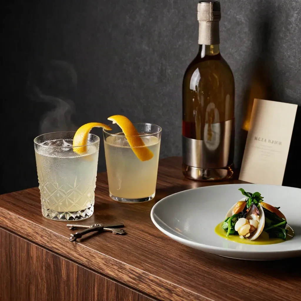 Cocktail, piatto leggero e bottiglia in servizio su tavolo riservato, luce notturna calda.
