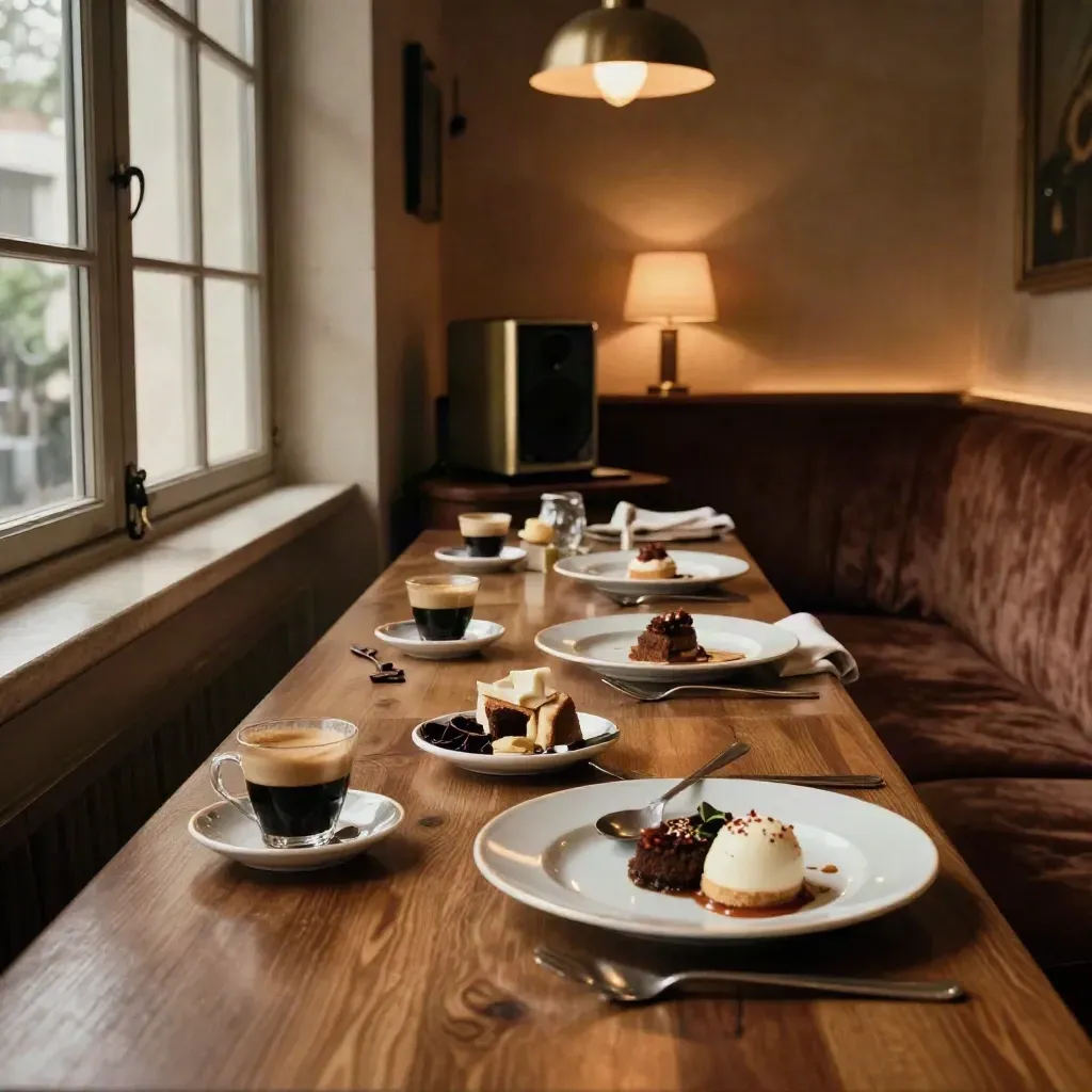 Sala privata dopocena con dessert, tazzine di espresso e angolo musica soffuso.