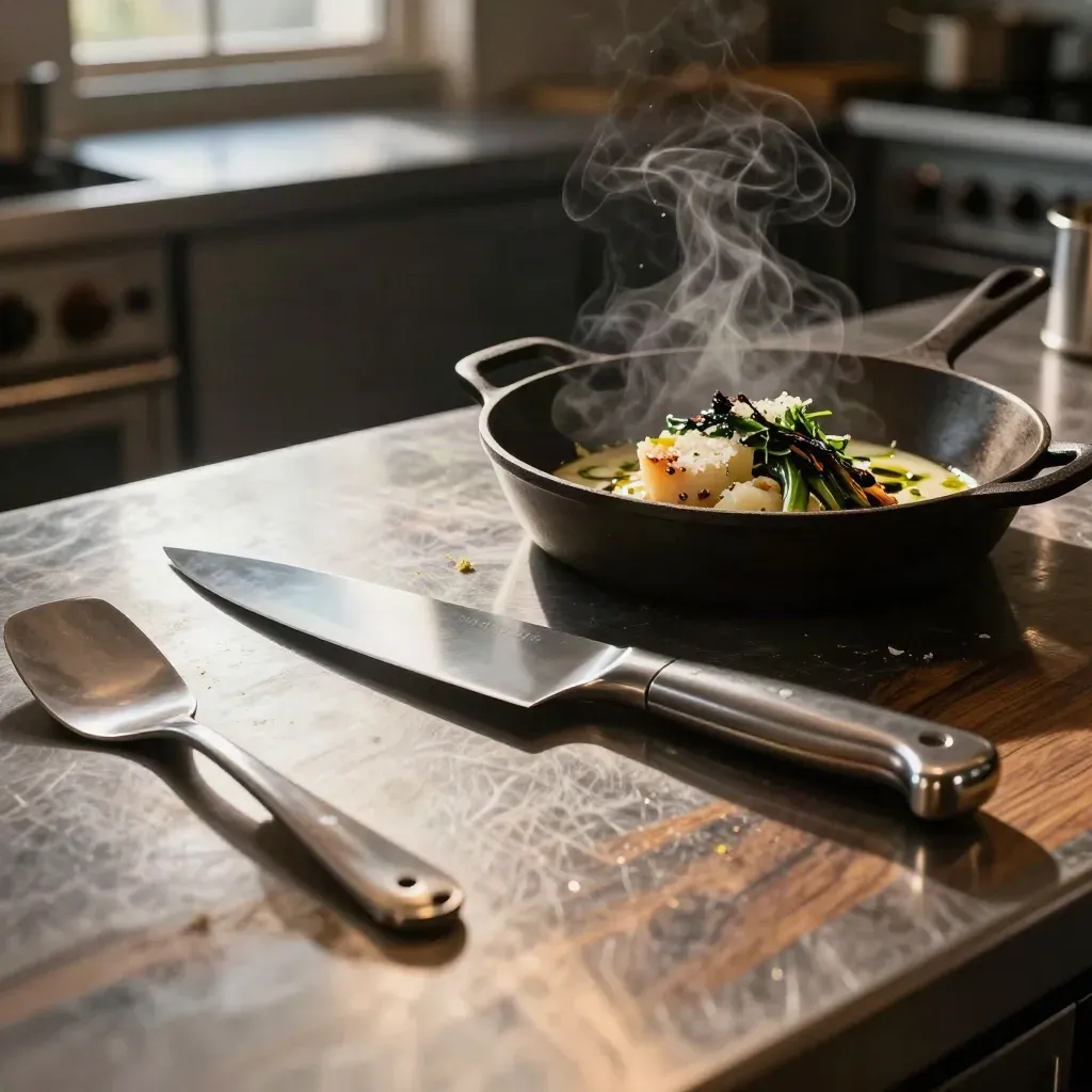 Coltello da chef, spatola, padella e piatto fumante sul pass in cucina, luce calda laterale.