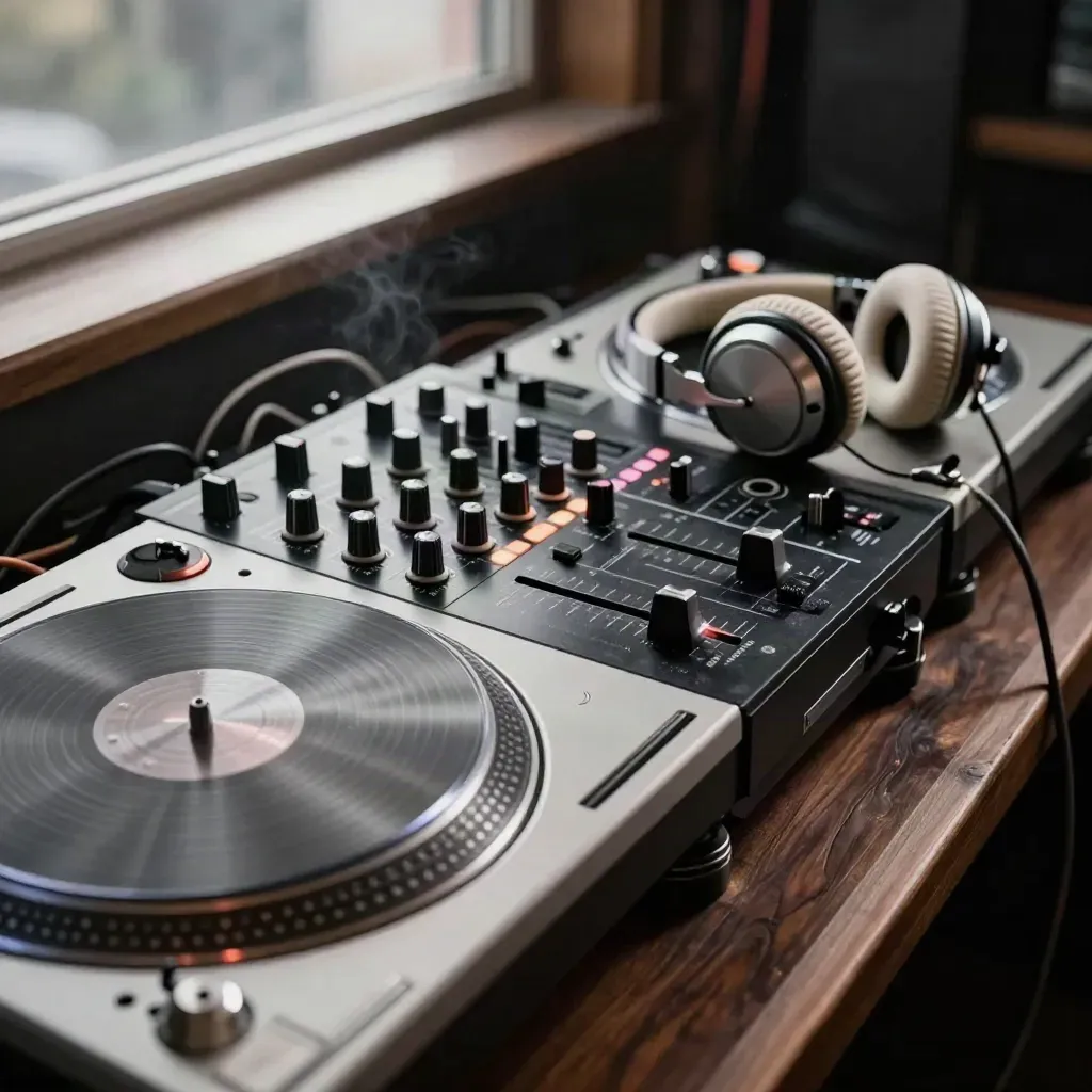 Console DJ con piatto, fader, cuffie chiuse e luce cue in penombra.
