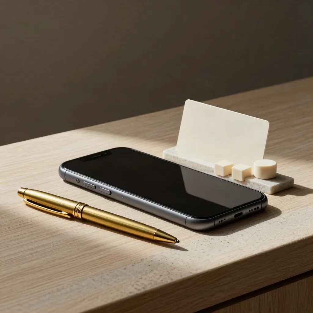 Smartphone scuro, penna in ottone e tre gettoni data su base in pietra, luce morbida laterale.