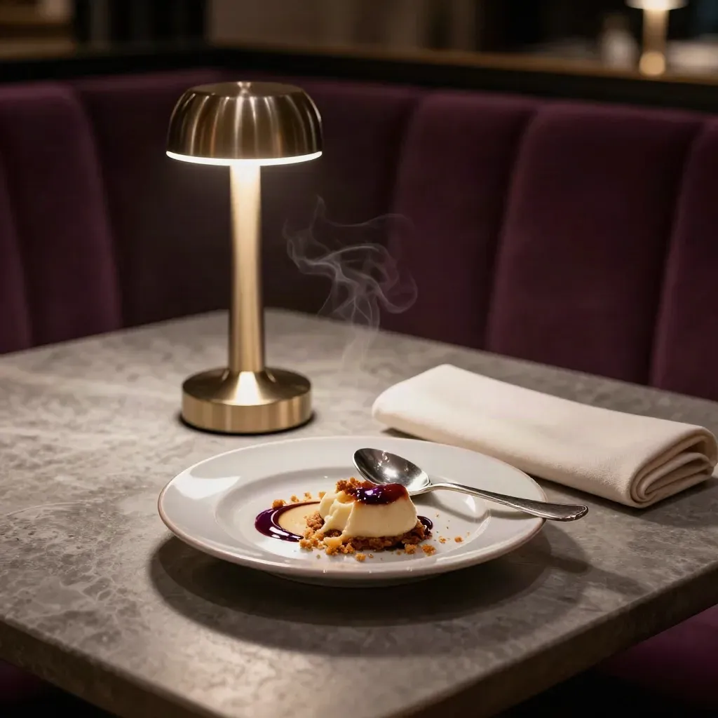 Tavolo dopo chiusura con dessert, cucchiaino, tovagliolo piegato e lampada soffusa