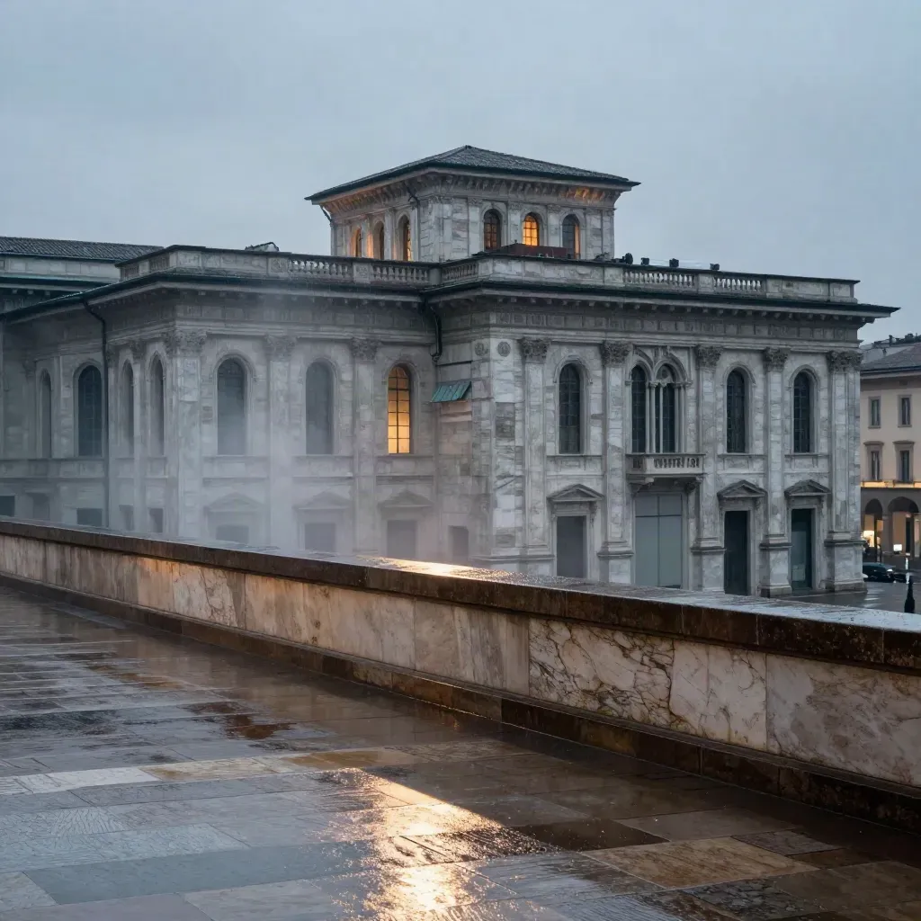 Skyline di Milano Centro con il Duomo e terrazze sui tetti dopo la pioggia, in luce blu