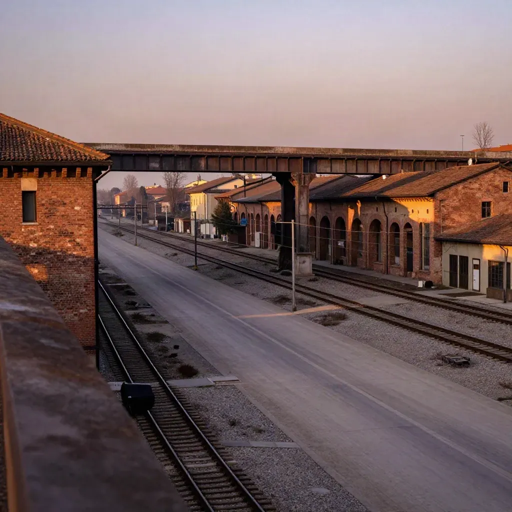 Veduta aerea di Lambrate al tramonto con archi industriali e binari nella luce calda.