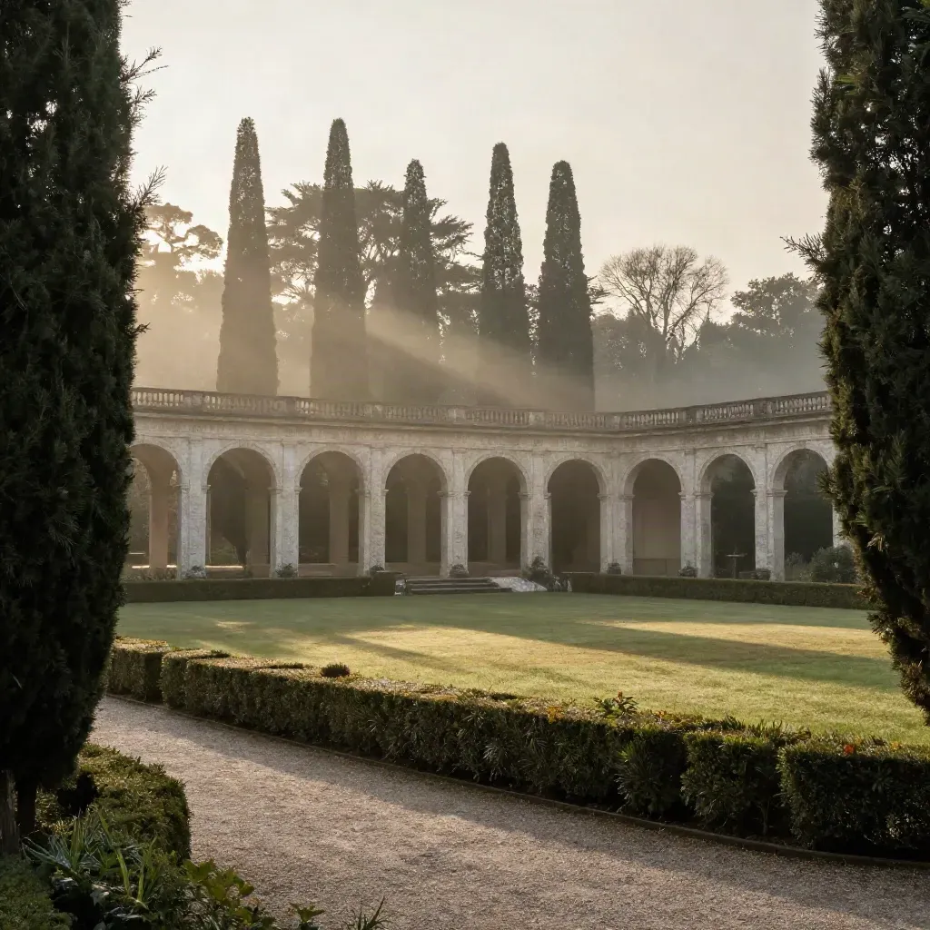Giardini di villa a Monza all’alba, cipressi e arcate in pietra nella foschia.