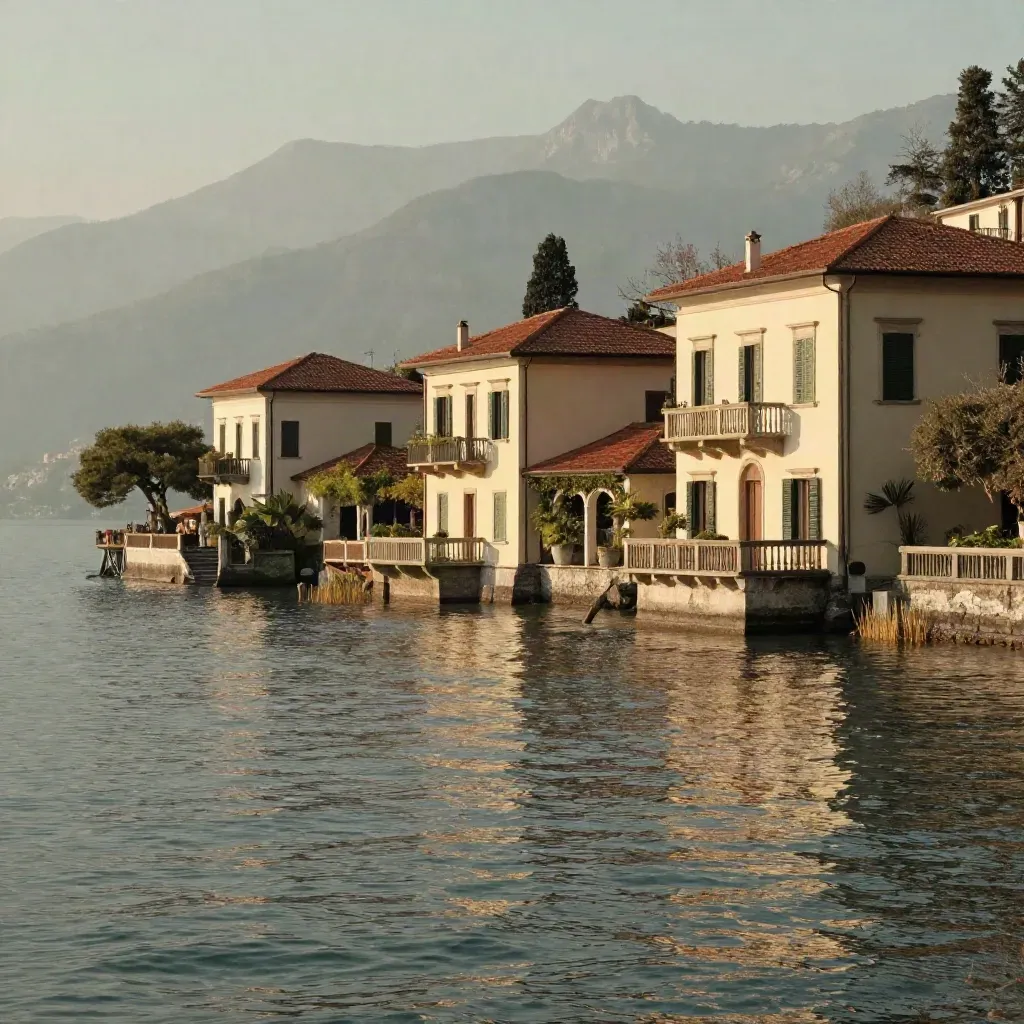 Lungolago di Como con case chiare e cresta alpina nella foschia del pomeriggio.