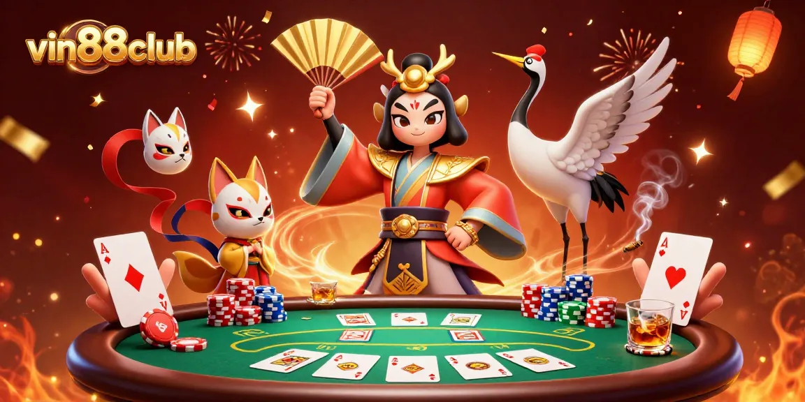 Experience thrilling poker action at vin88club with vibrant kabuki warrior themes and celebratory elements.