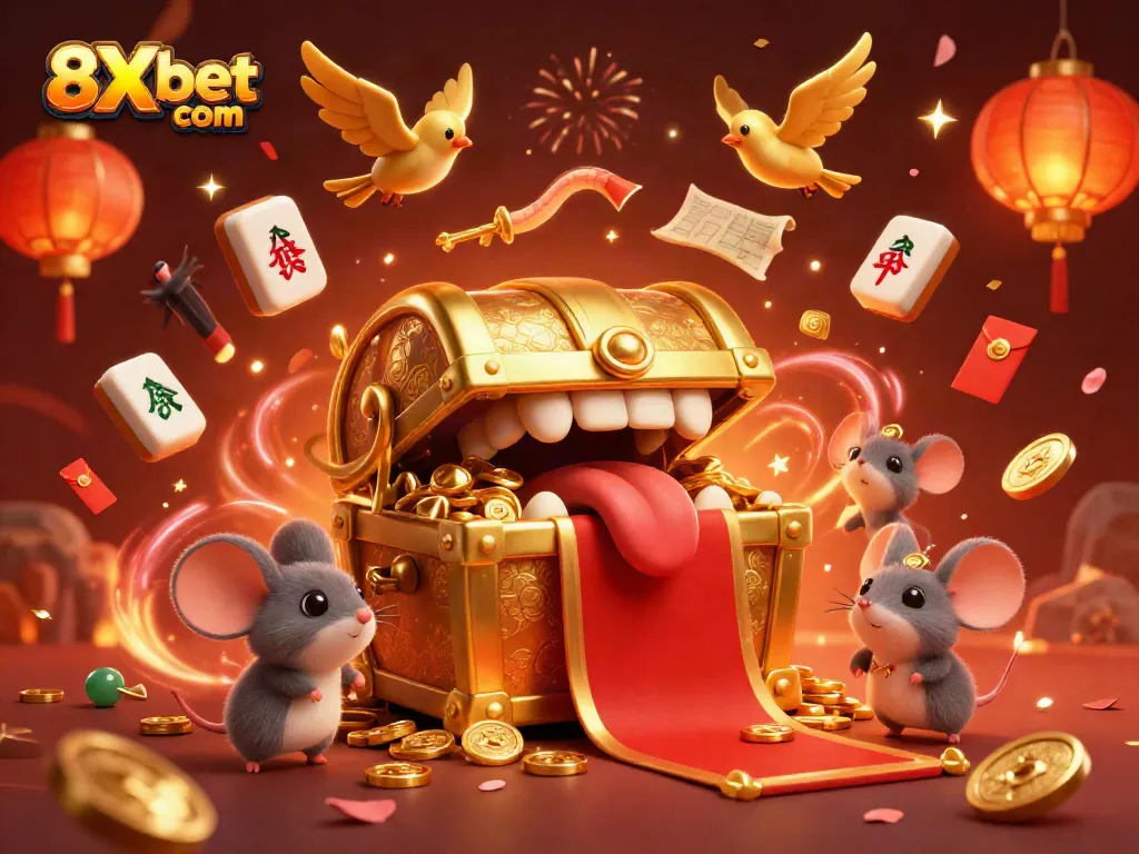 Experience the enchanting world of 8Xbet com with a treasure chest, glowing lanterns, and festive fireworks, captivating players.