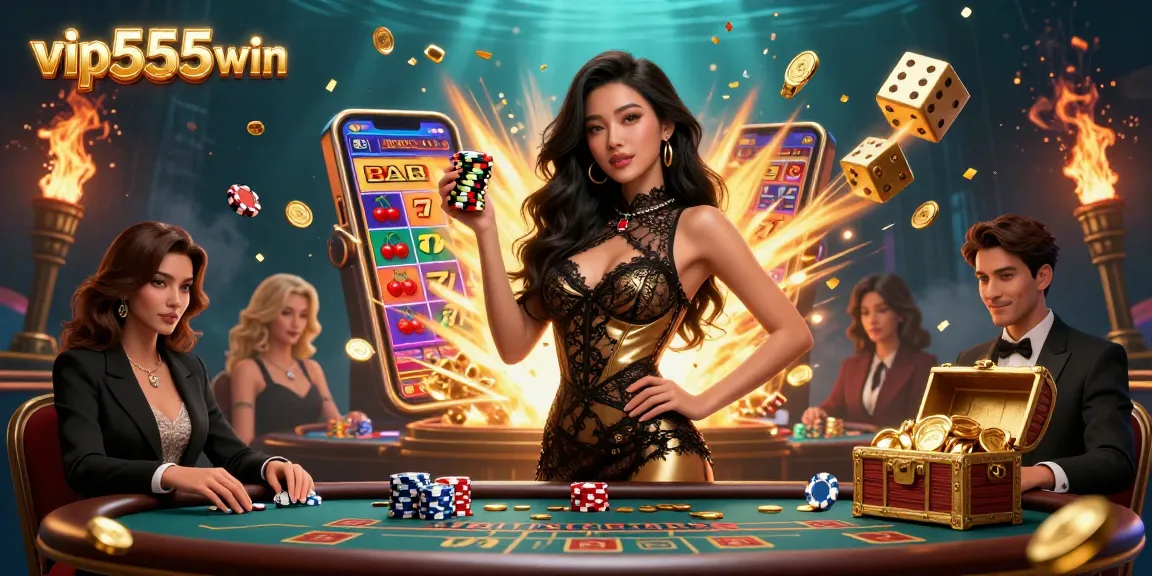 Experience the excitement of vip555win with a glamorous baccarat scene, featuring vibrant casino elements and high-value chips.