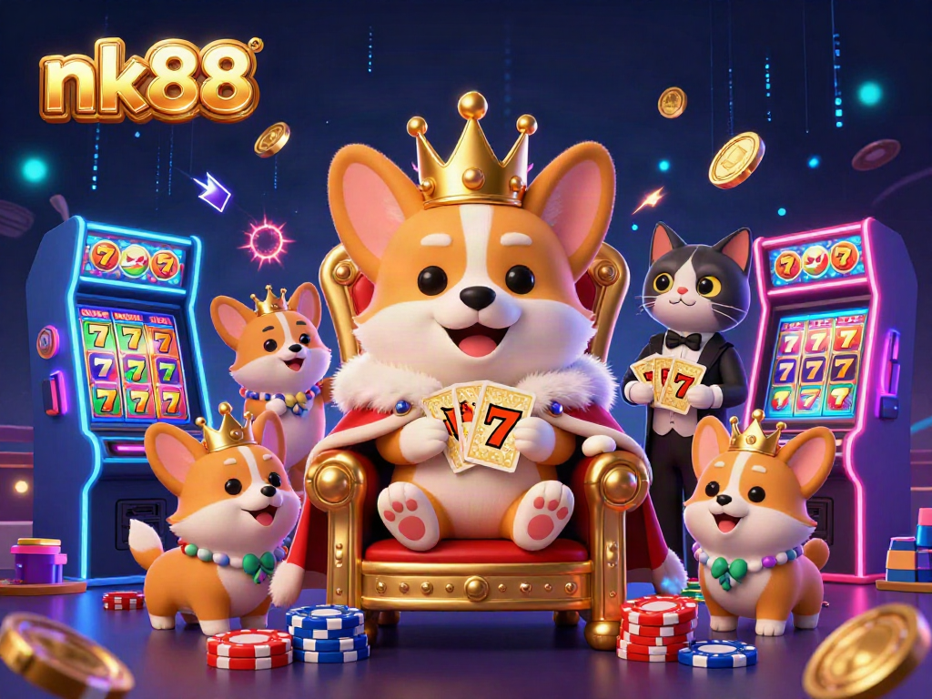Spin winning slots with nk88's vibrant royal corgi and cat butler in a dazzling casino scene.