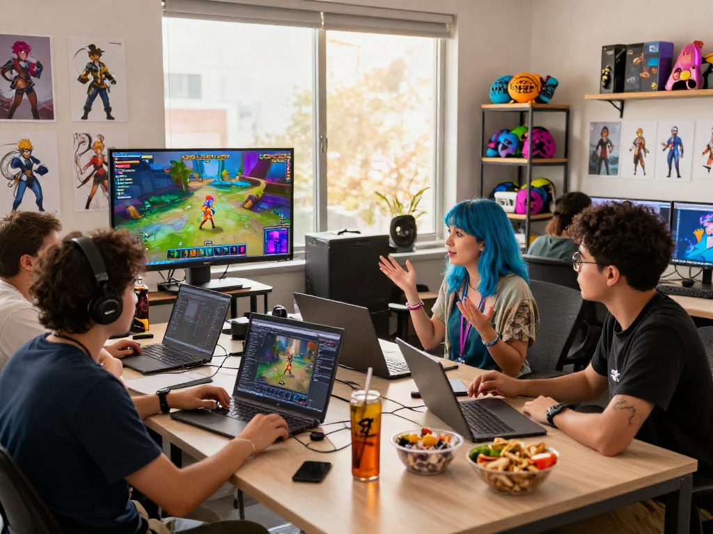 Developers collaborating in a vibrant studio creating engaging porn games, showcasing creativity and teamwork.