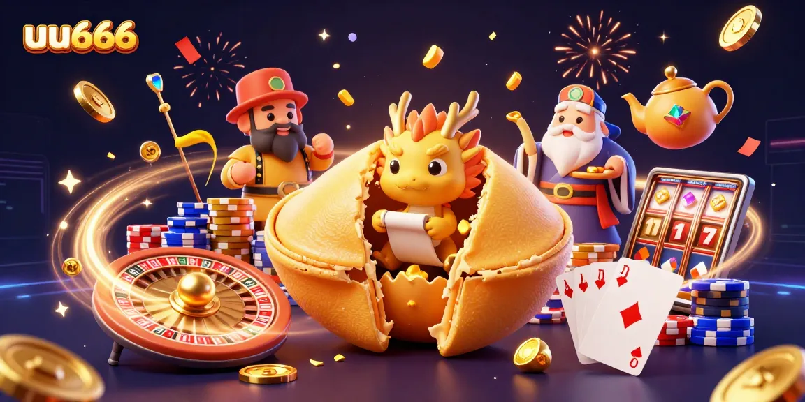 Experience thrilling betting with uu666 in a vibrant casino scene featuring a giant golden fortune cookie.