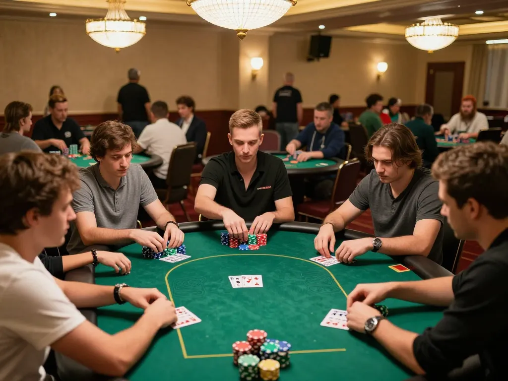 Engaging poker scene at https://www.mnm88.com/ with players focusing on game strategy and colorful chips.