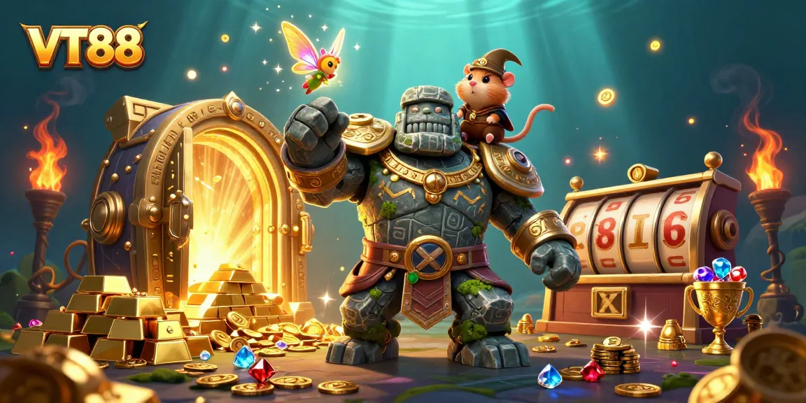Engage with VT88 slot reels surrounded by a golden treasure scene featuring a guardian golem.