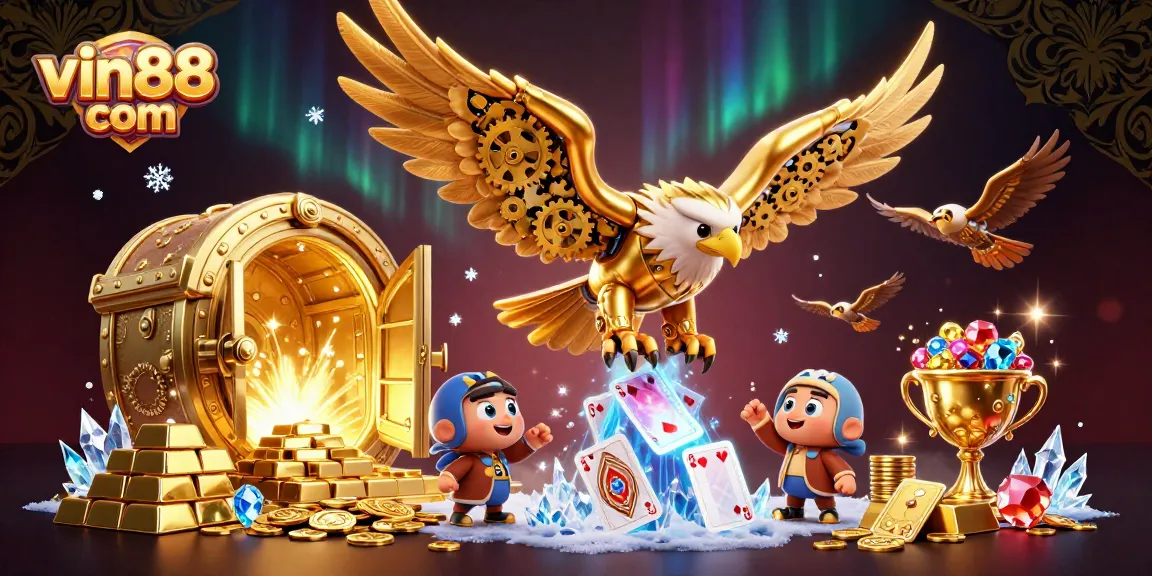 Experience thrilling gameplay at vin88 com with a cybernetic eagle soaring amidst golden riches and vibrant cards.