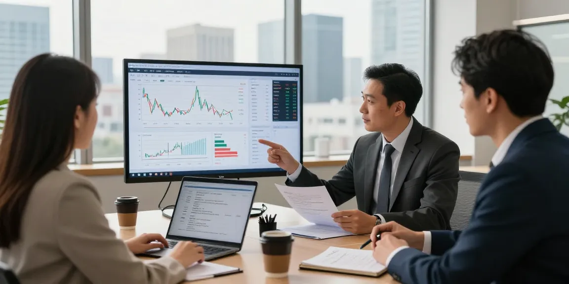 Investment consultation discussing Indexfonds strategies with clients in a modern office.