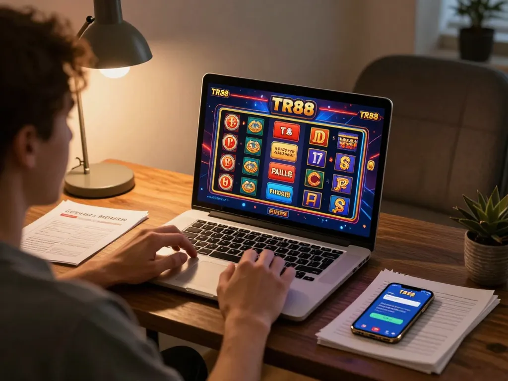 Player enjoying tr88 đăng nhập on laptop with vibrant casino games displayed on screen.